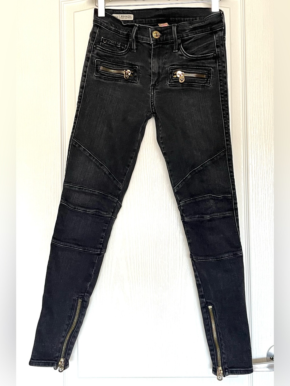 True Religion Halle Mid Rise Super Skinny Black Moto Biker Jeans 26 Baddie Y2K - Picture 3 of 16